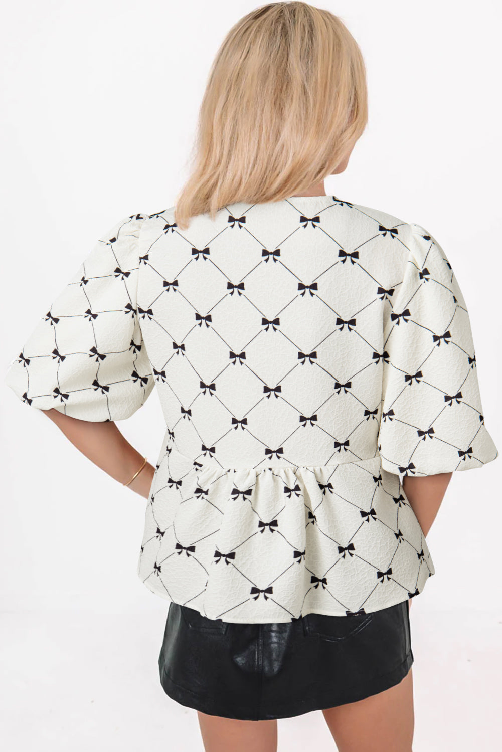 White Checkered Bow Print Knot Front Puff Sleeve Blouse