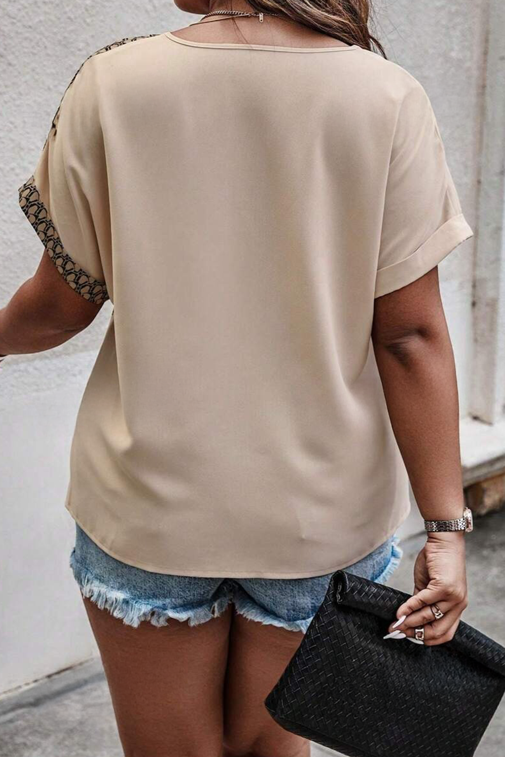 Oatmeal Contrast Geometric Print Patchwork V Neck Short Sleeve Plus Size Top