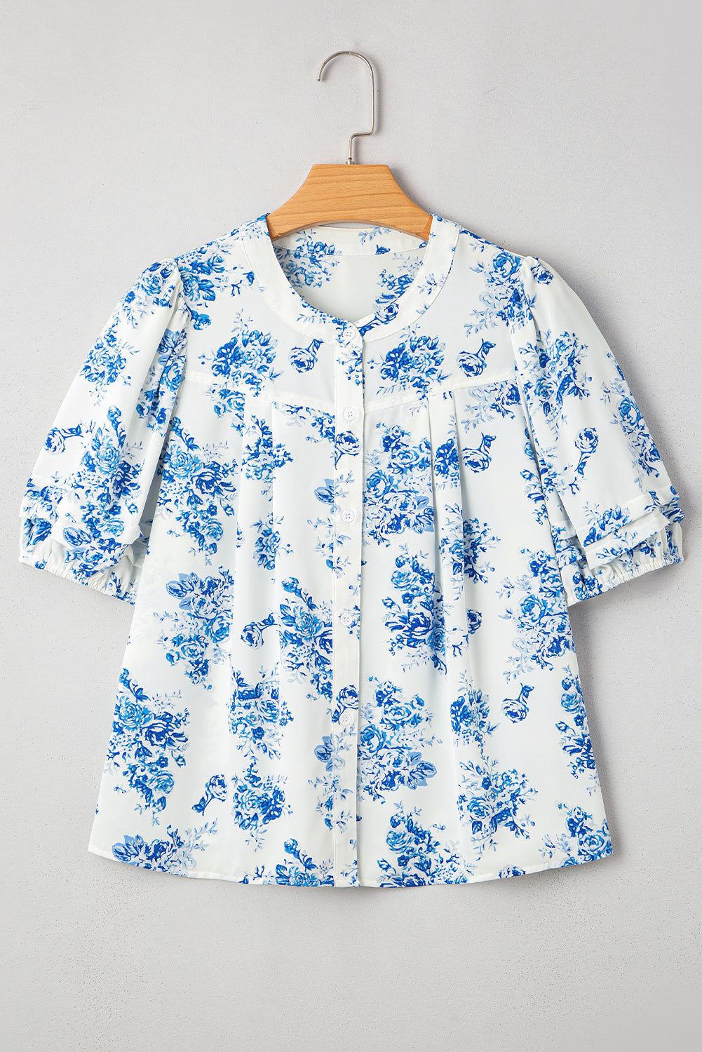 Sky Blue Floral Tiered Puff Short Sleeve Pleated Bust Buttoned Casual Shirt