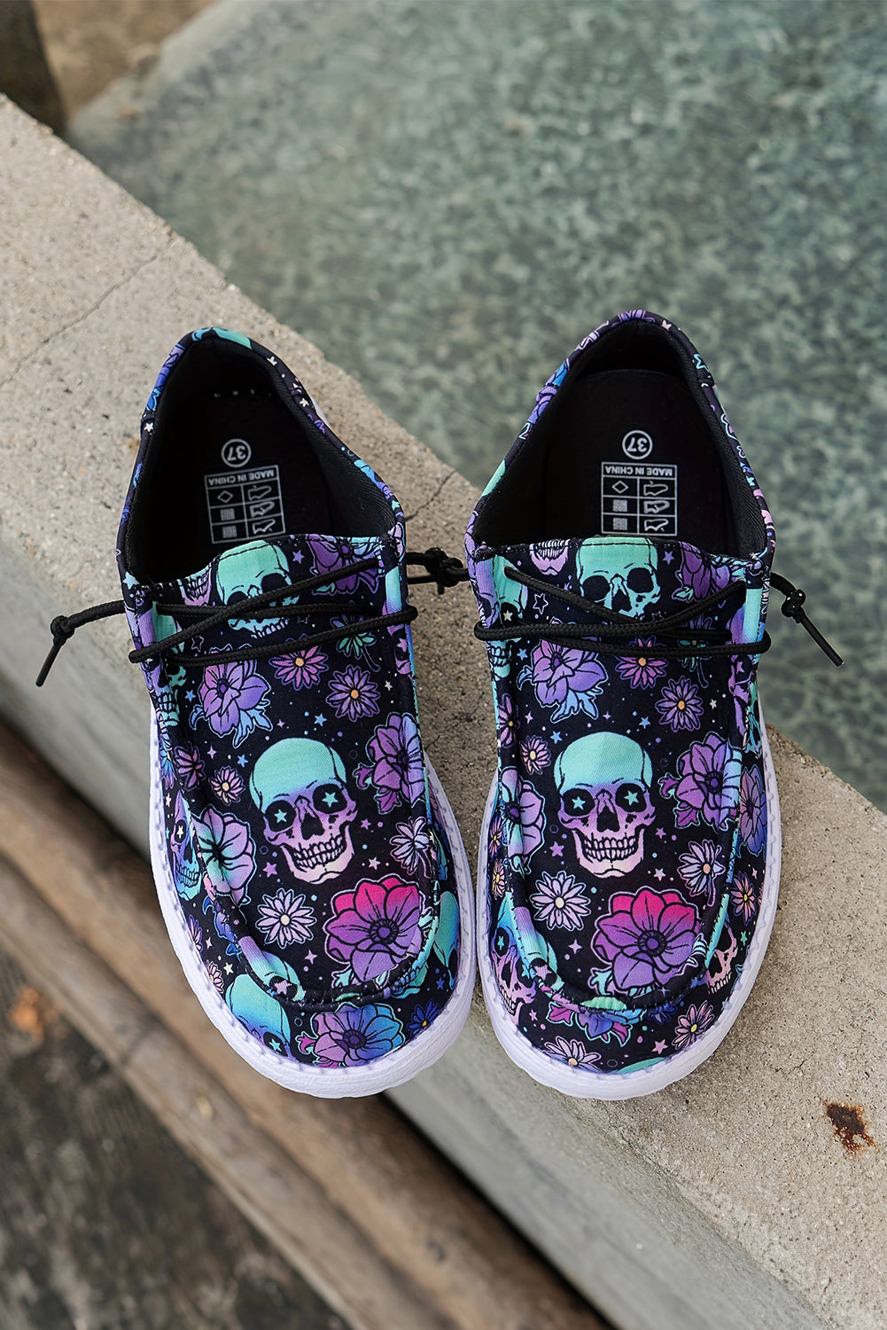 Dark Blue Halloween Skull Print Lace Up Casual Shoes