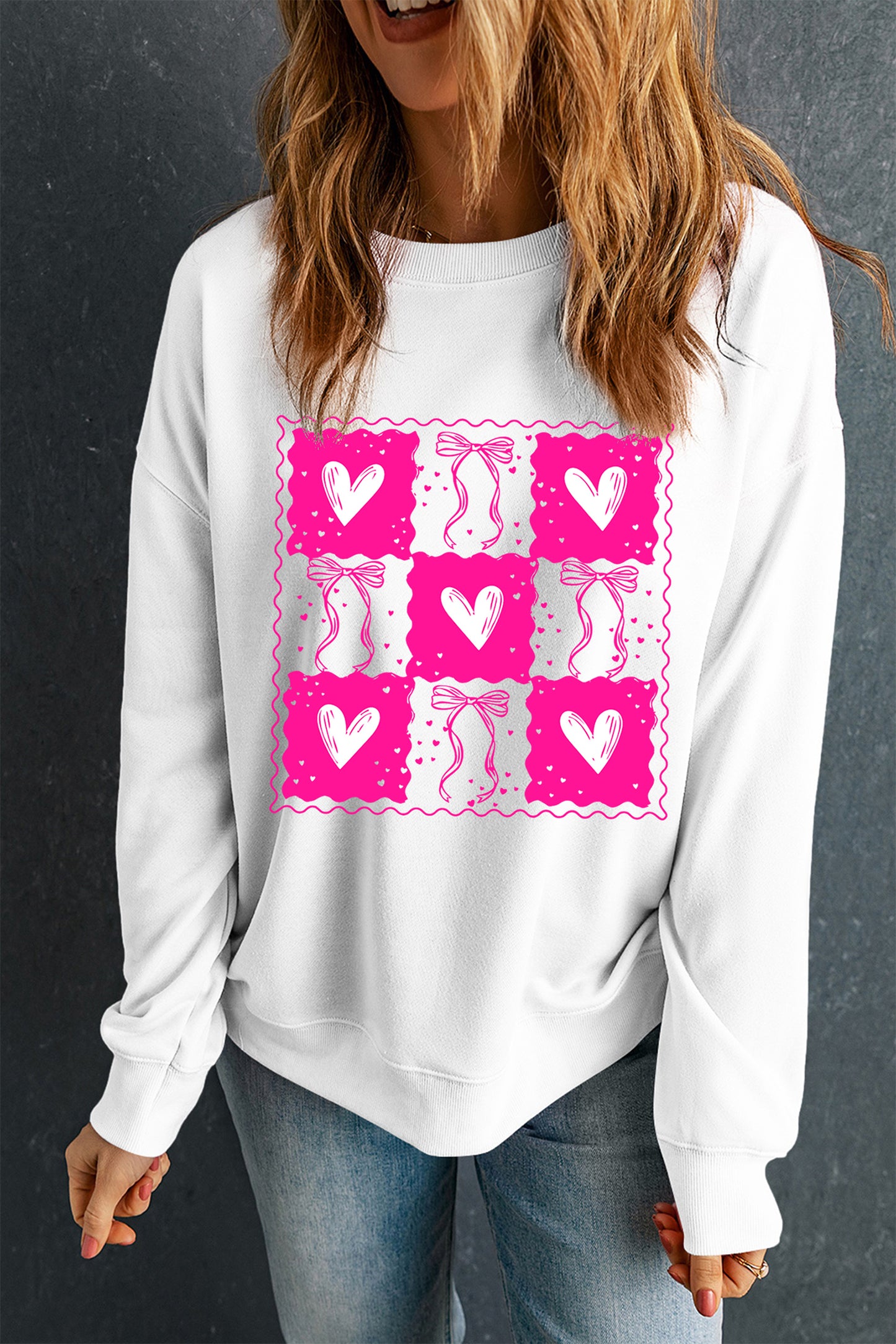 White Valentines Bow Heart Checkered Print Pullover Sweatshirt