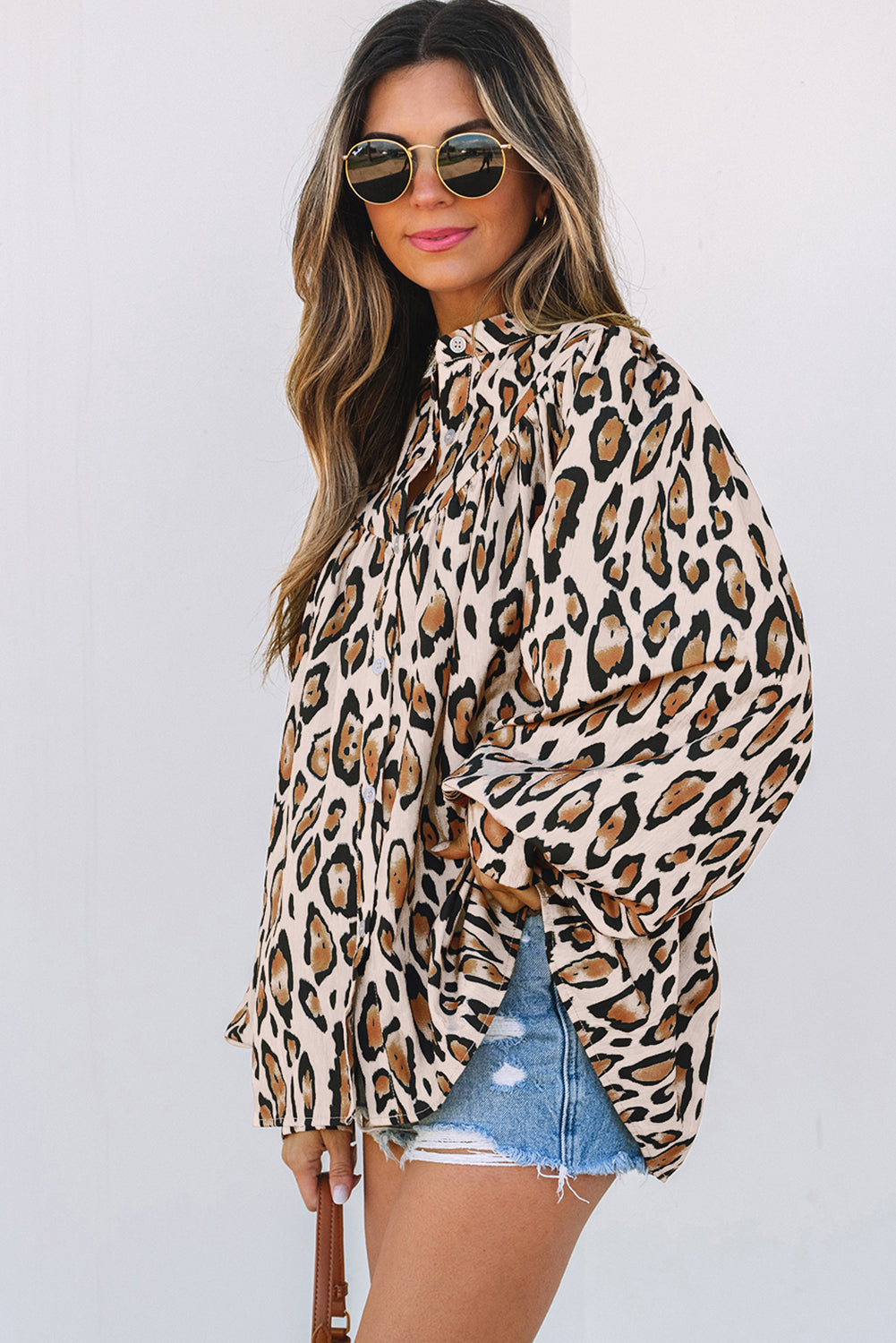 Jet Stream Oversized Leopard Print Balloon Sleeve Casual Shirt