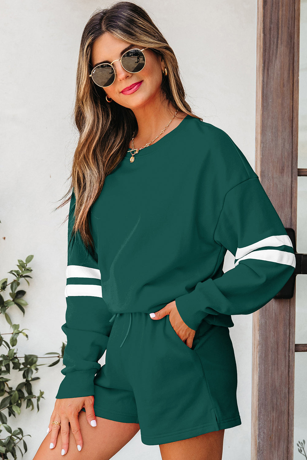 Navy Blue Varsity Striped Sleeve Drop Shoulder Sweatshirt and Short Set