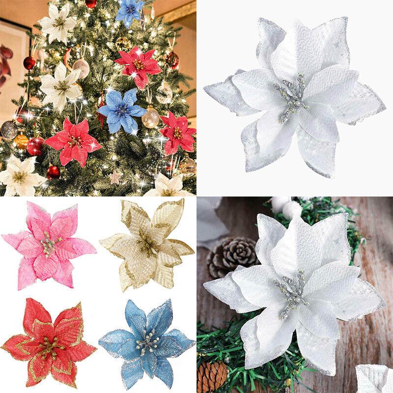 Artificial Flowers Glitter White Christmas Decor Wreath Tree Xmas Gifts Cloth Ornaments