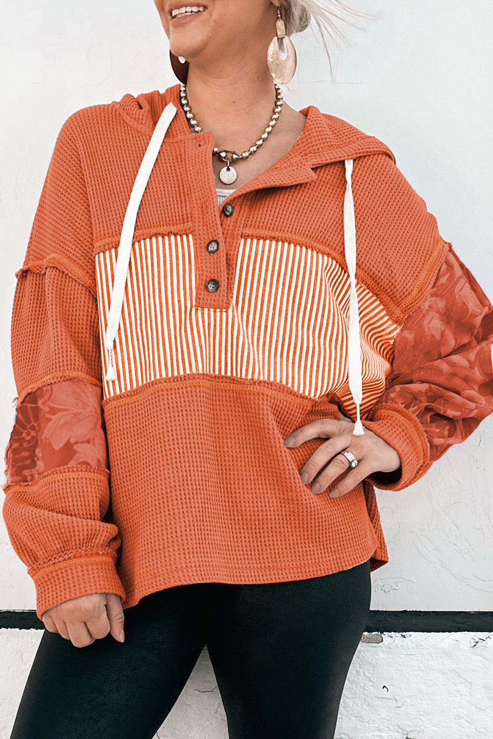 Cinnamon Striped Waffle Patchwork Drawstring Hooded Long Sleeve Top