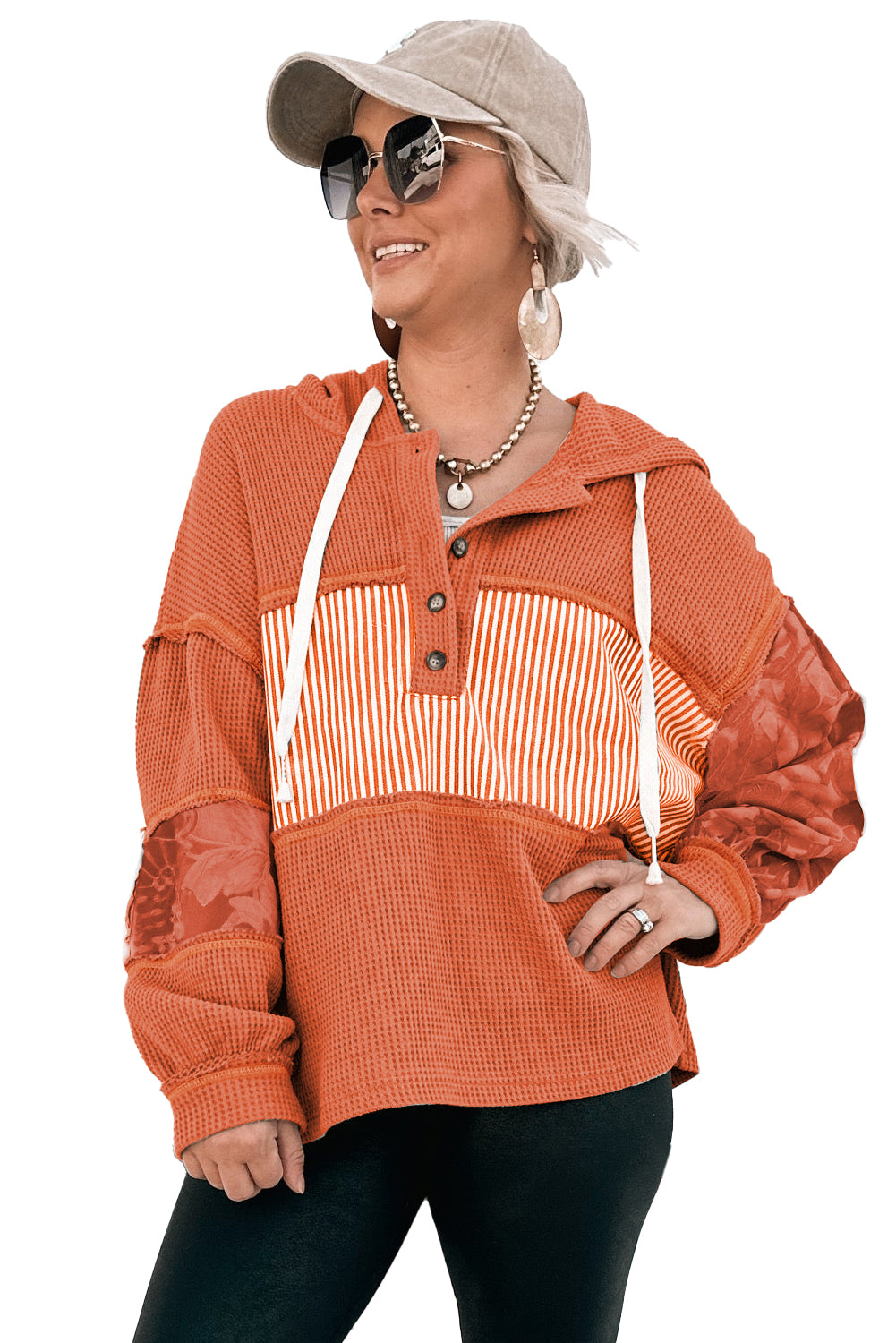 Cinnamon Striped Waffle Patchwork Drawstring Hooded Long Sleeve Top