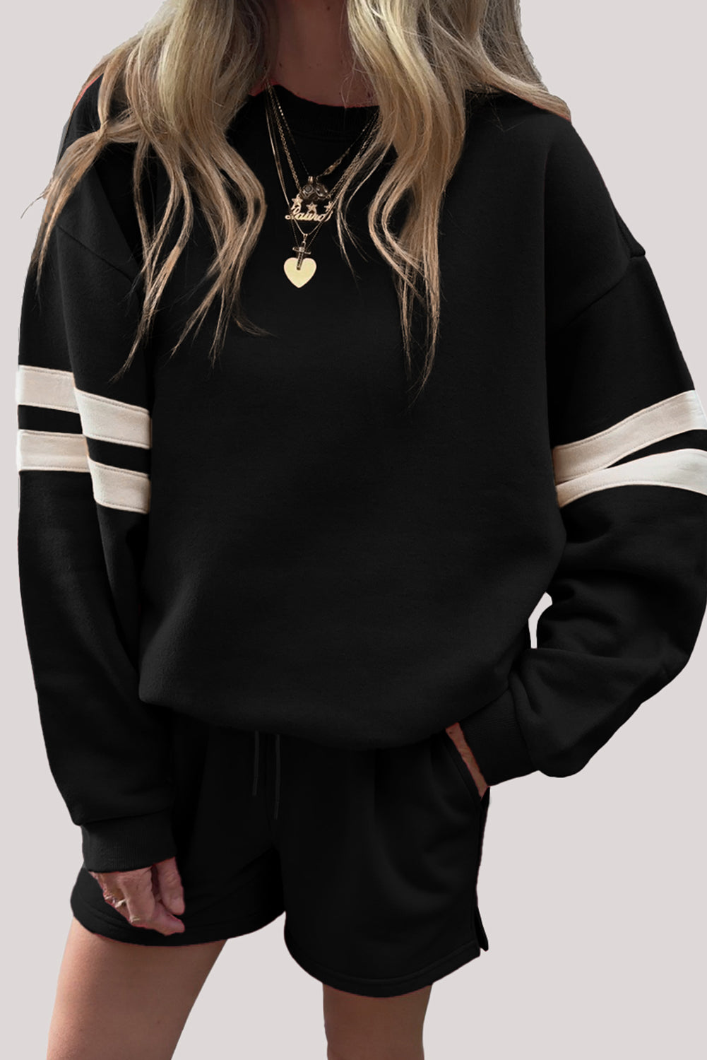 Orange Varsity Striped Sleeve Drop Shoulder Sweatshirt and Shorts Set