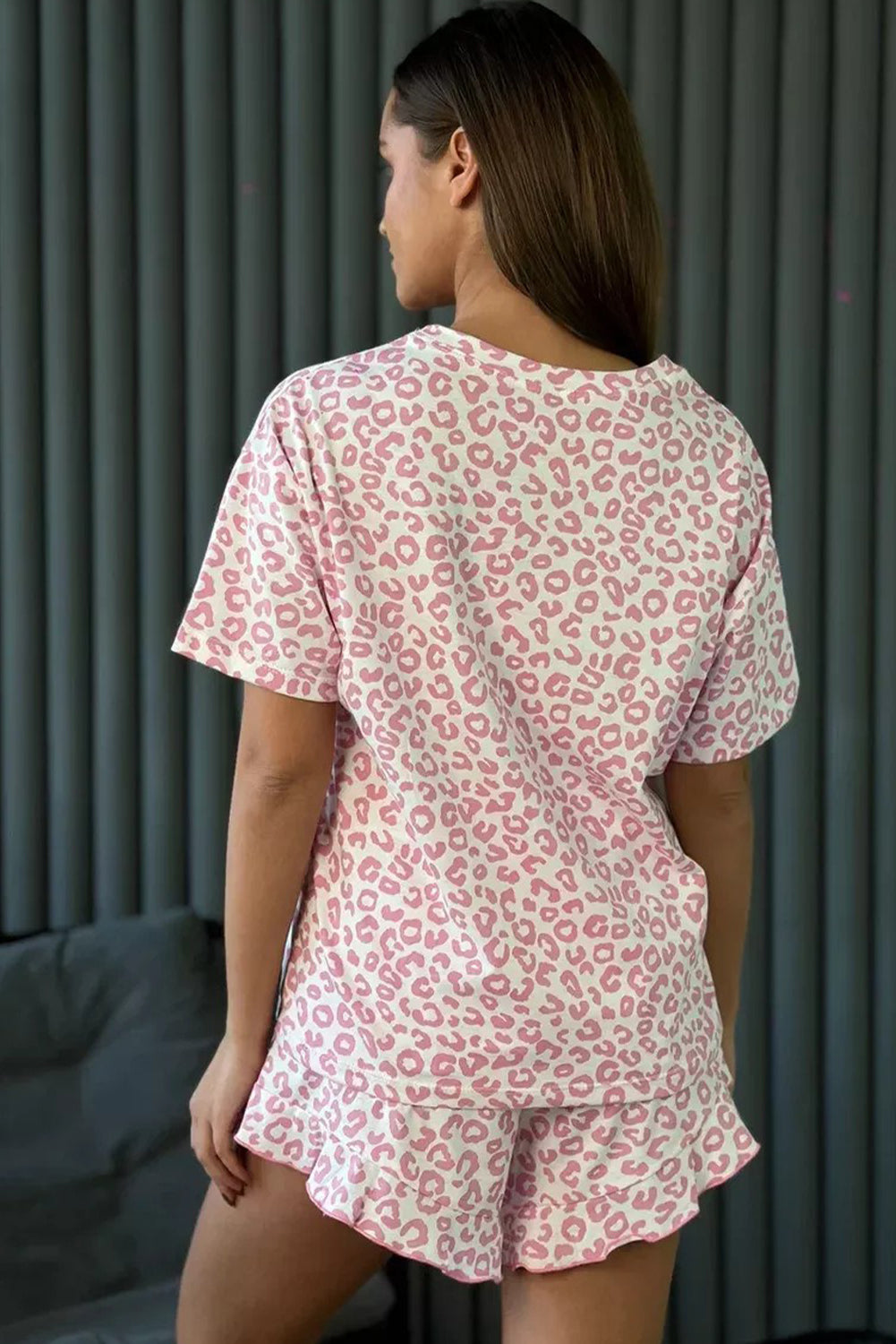 Pink Leopard Print Round Neck Top and Ruffle Trim Shorts Two Piece Pajama Set