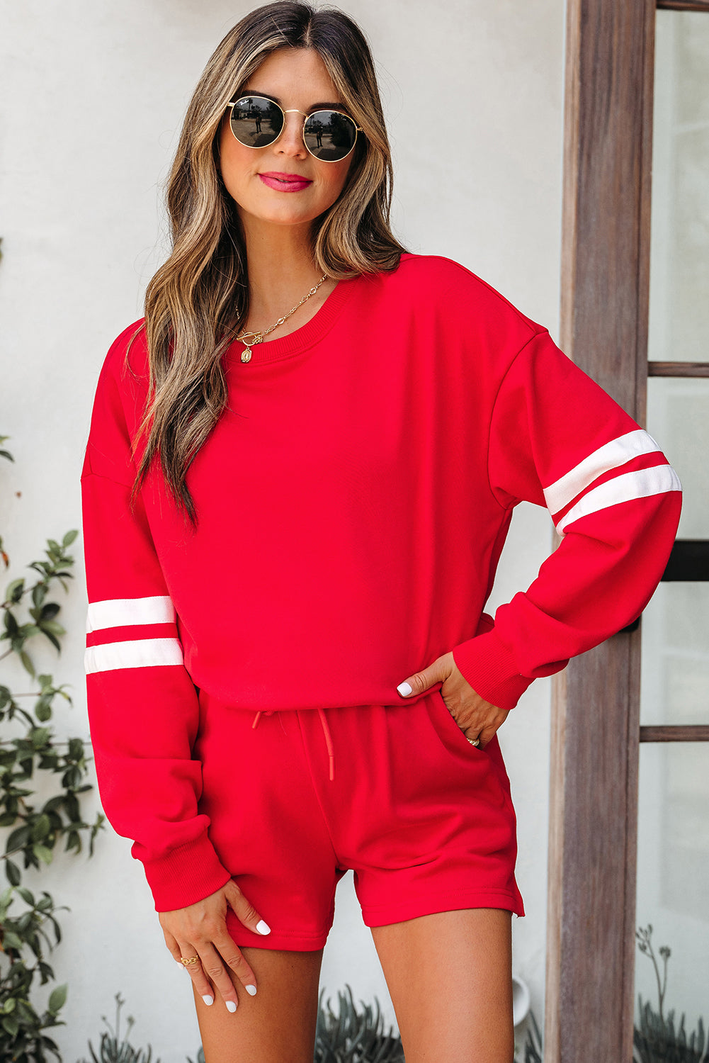 Navy Blue Varsity Striped Sleeve Drop Shoulder Sweatshirt and Short Set