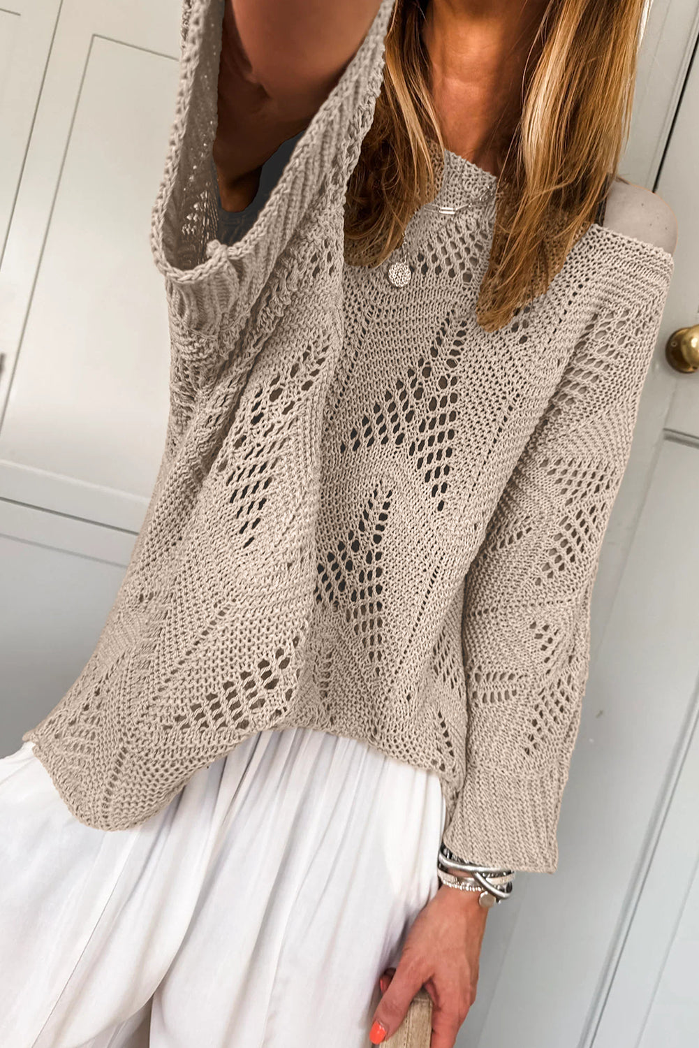 Navy Blue Hollow Out Knit 3/4 Sleeve Loose Sweater