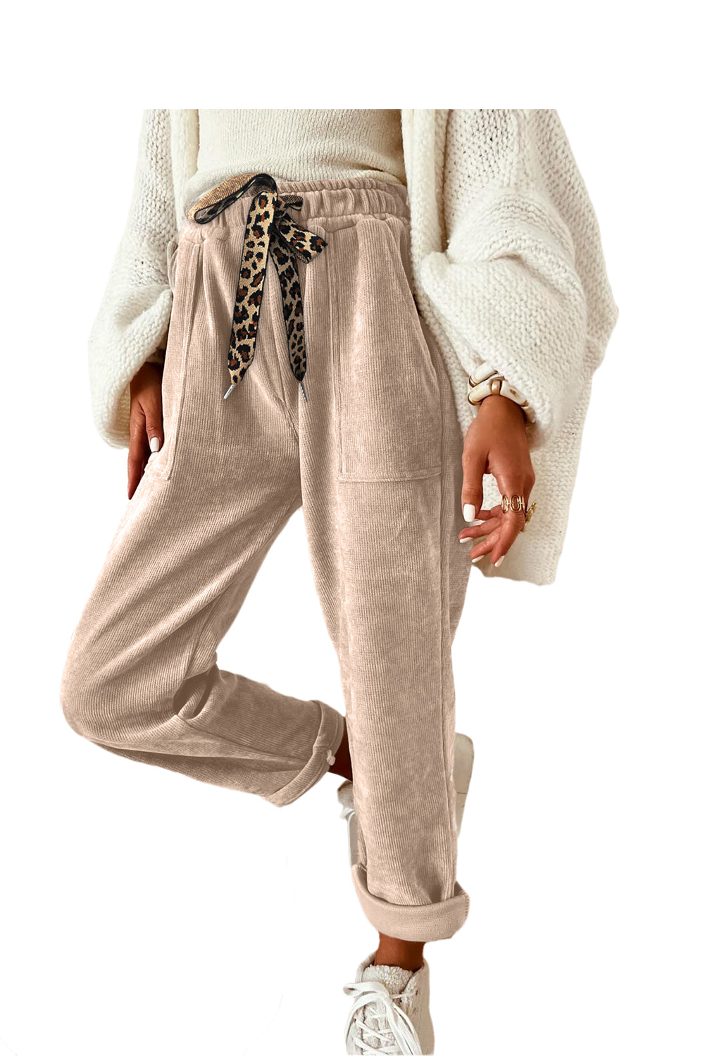 Gray Morn Corduroy Leopard Drawstring High Waist Trousers