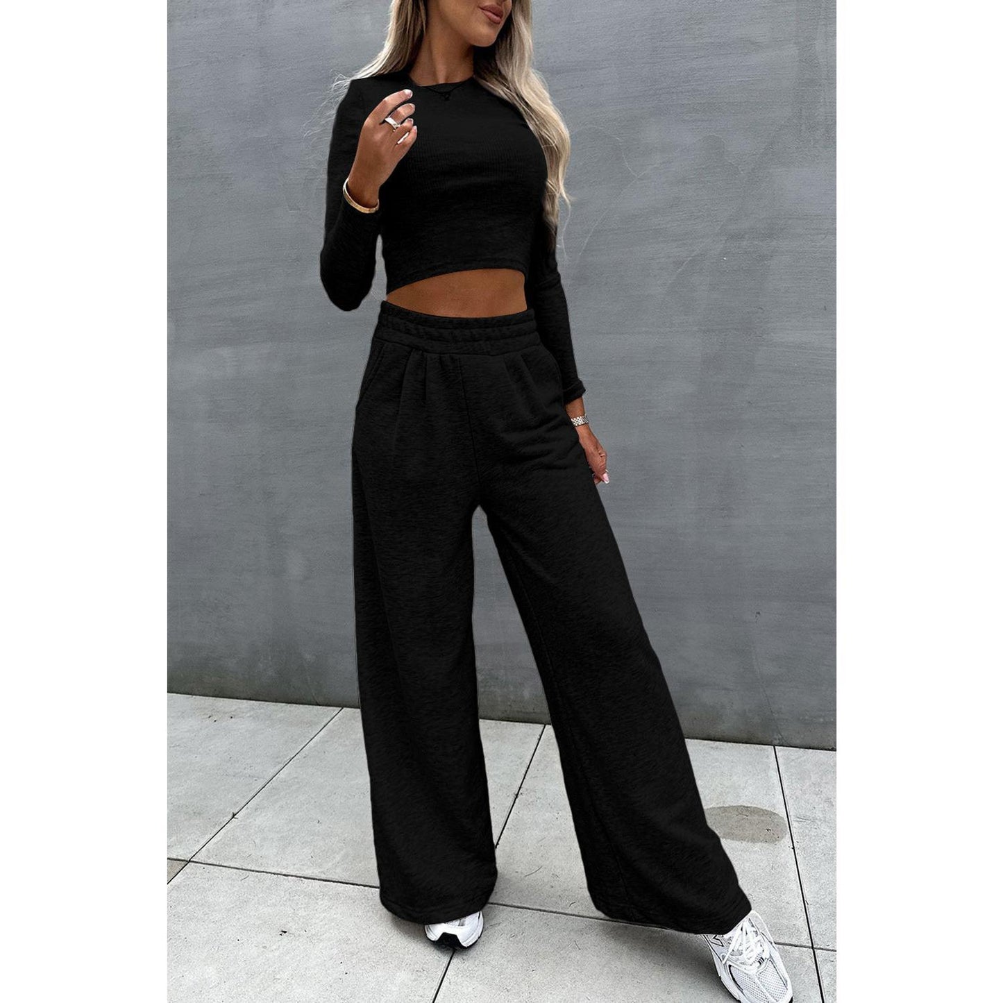 Black Crop Top and Wide Leg Pants Two Piece Set matching