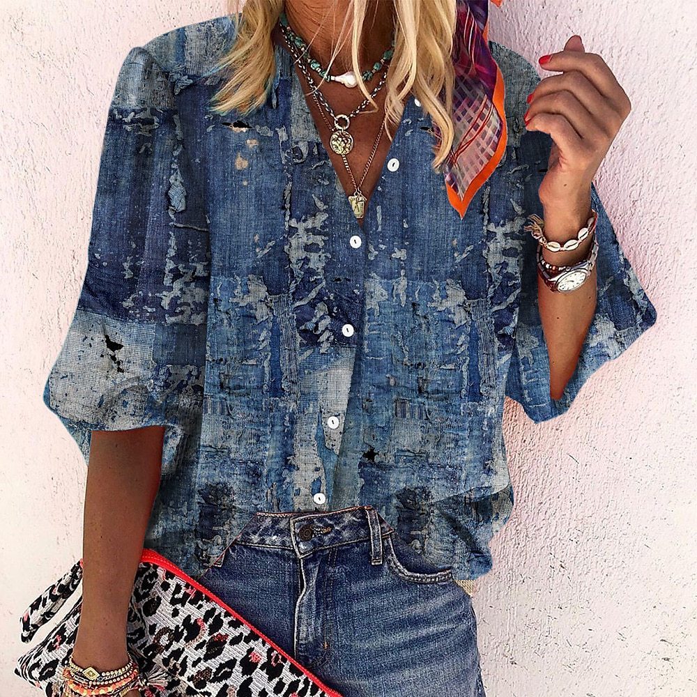 Popular Fashion Summer Women's Stand Up Collar Loose Button Retro Printed Casual Shirt