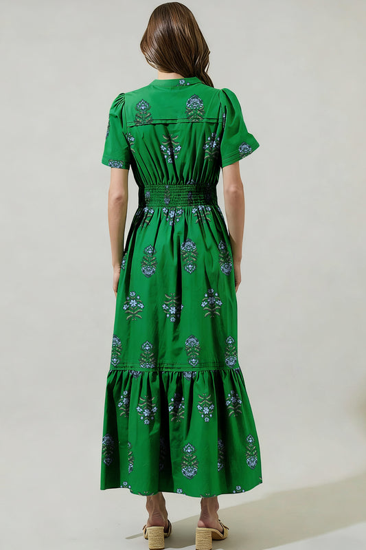 Green Floral Print Split Neck Shirred High Waist Ruffle Hem Maxi Dress