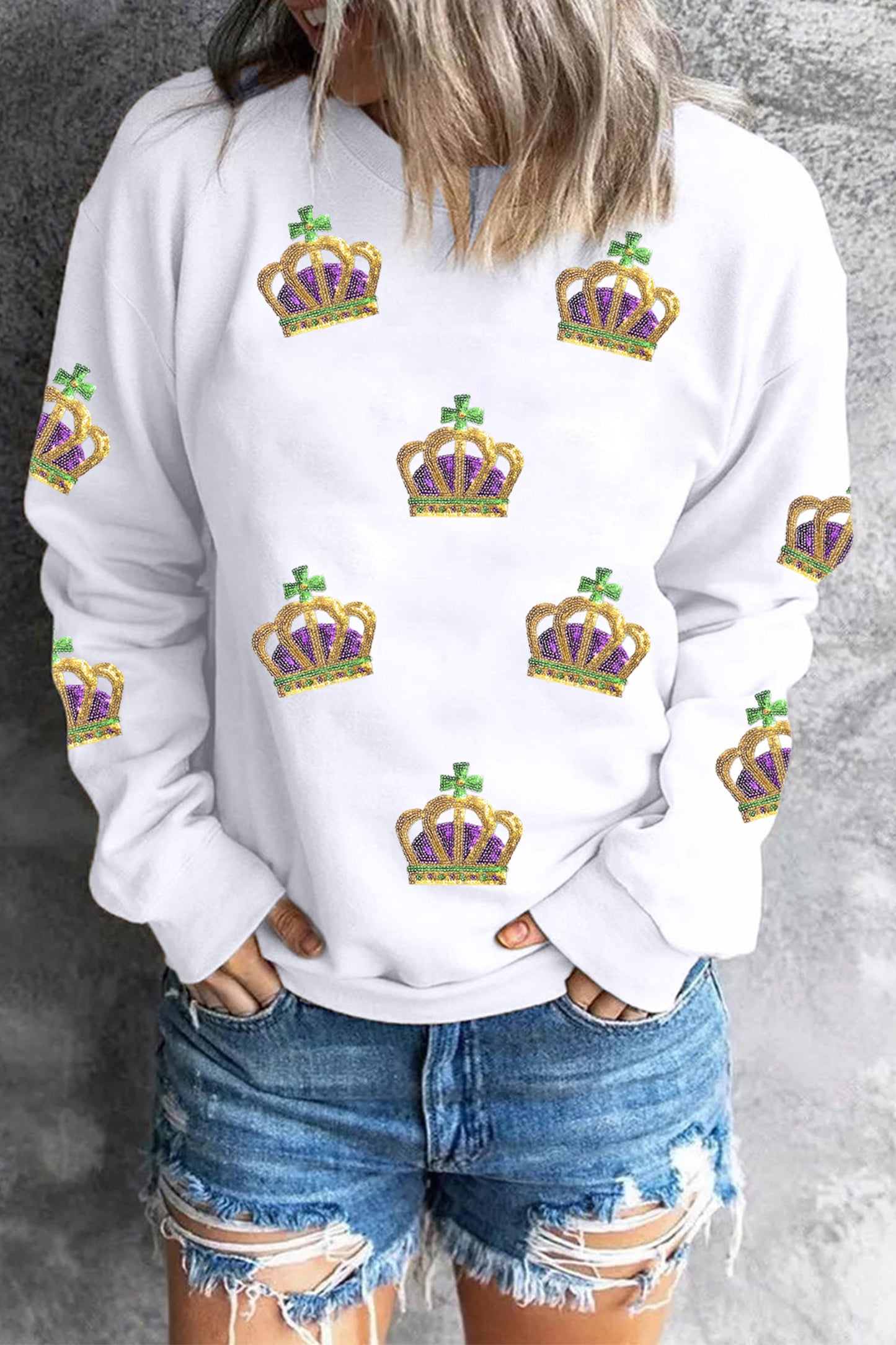 White Sequin Mardi Gras Crown Dropped Shoulder Sweatshirt