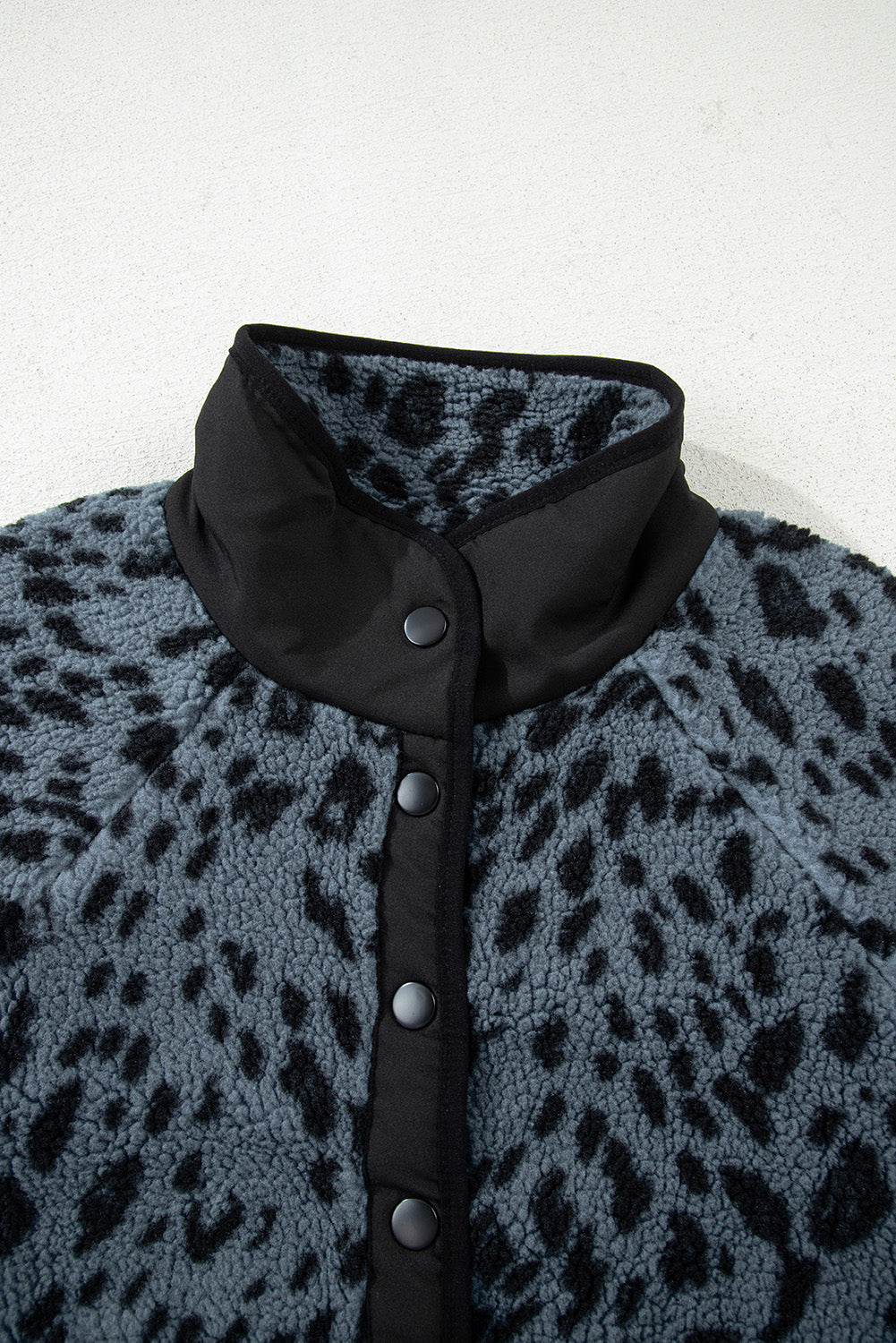 Blue Cow Print Buttoned Stand Collar Fleece Jacket
