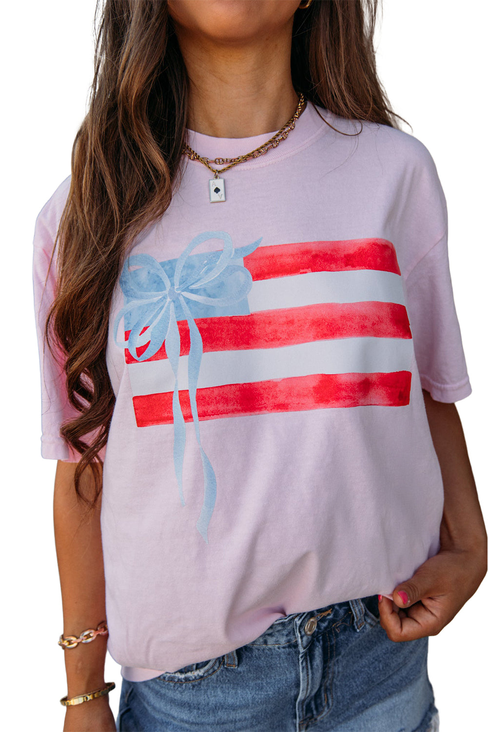 Light Pink Flag Bow Graphic Crewneck Tee