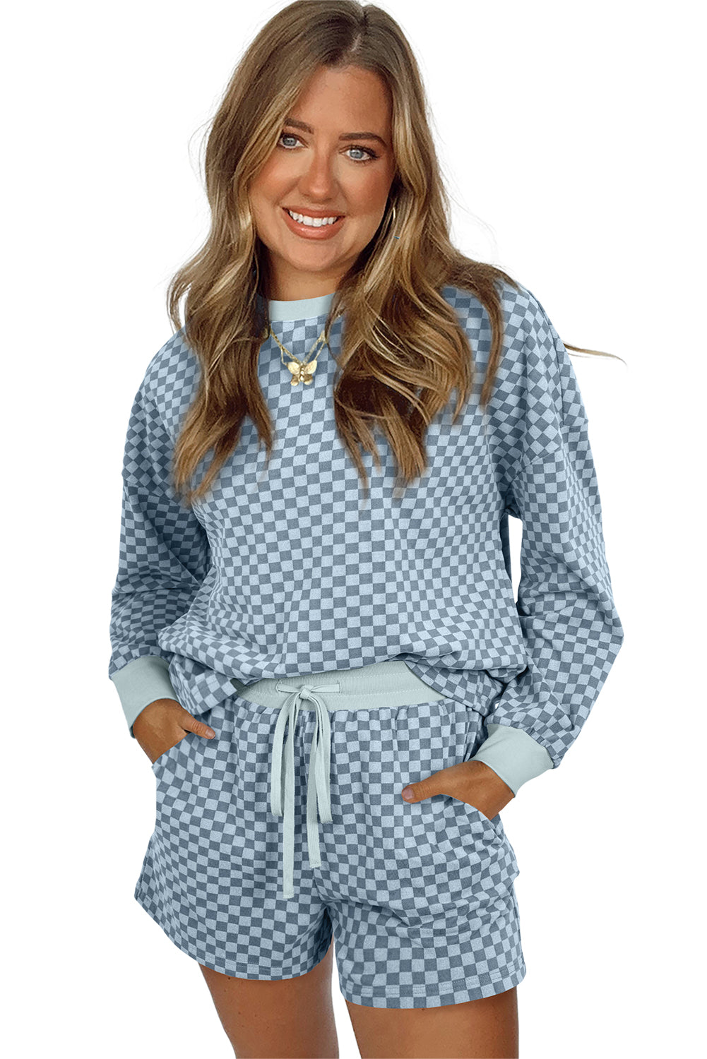 Brown Checkerboard Contrast Trim Long Sleeve Pullover and Shorts Set