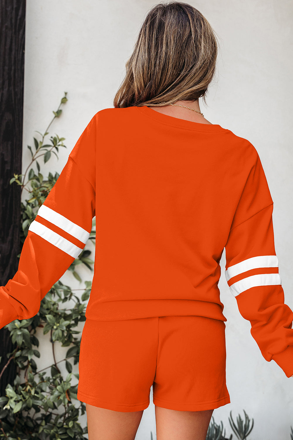 Navy Blue Varsity Striped Sleeve Drop Shoulder Sweatshirt and Short Set