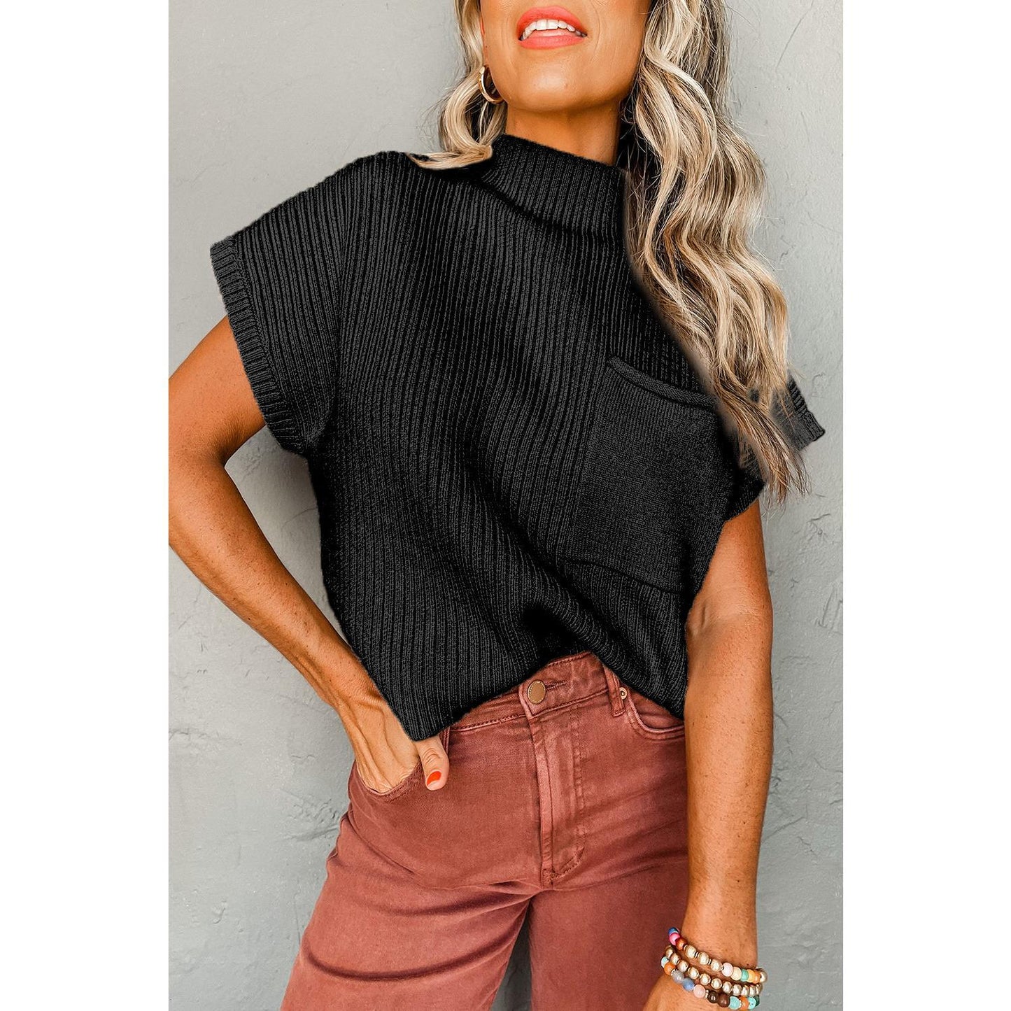 Black Patch Pocket Ribbed Knit Short Sleeve Sweater Knitwear Womenswear