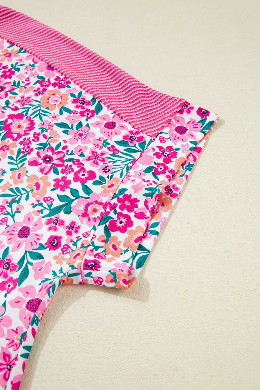 Pink Plus Size Floral Print Corded Patchwork Loose Top