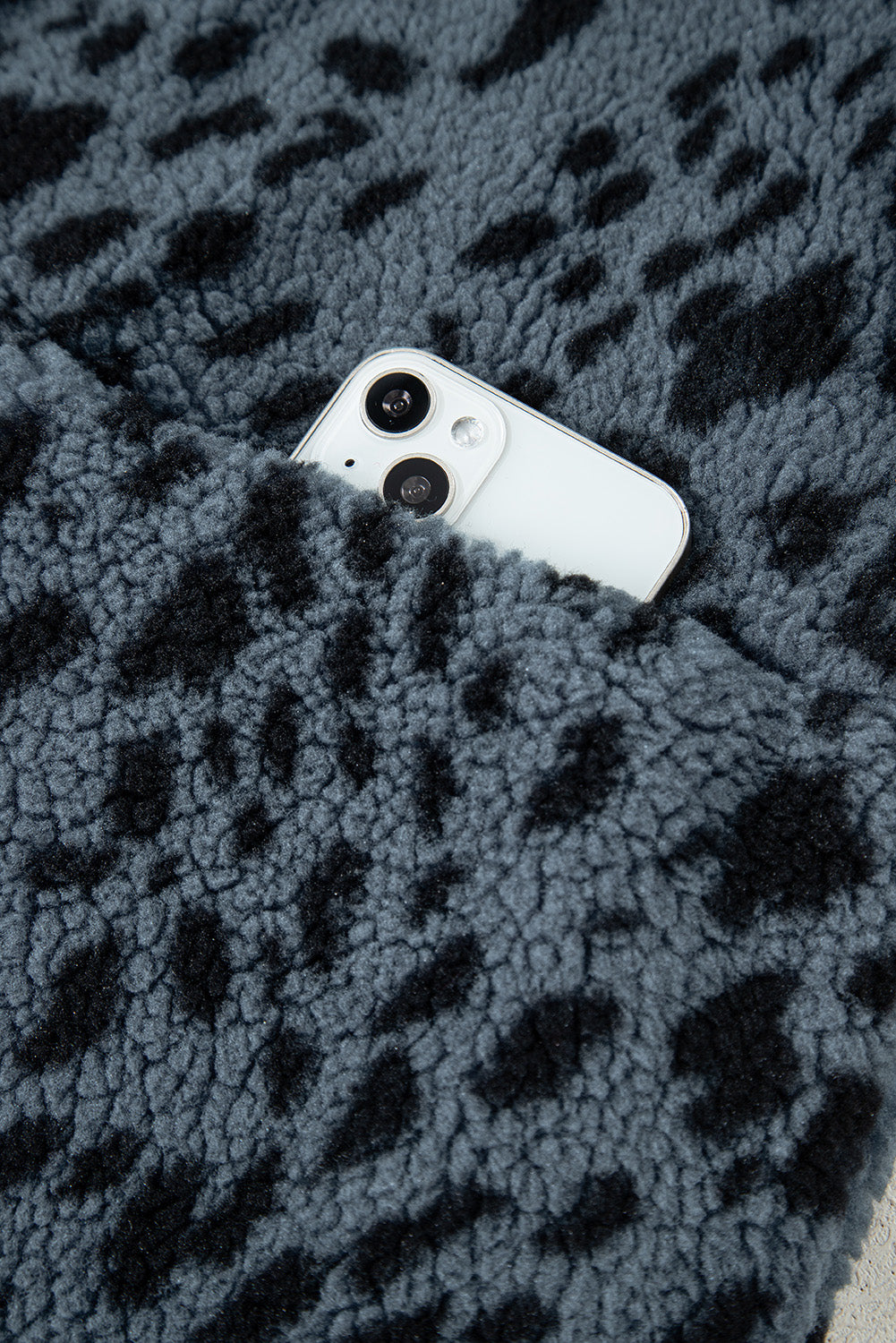 Blue Cow Print Buttoned Stand Collar Fleece Jacket