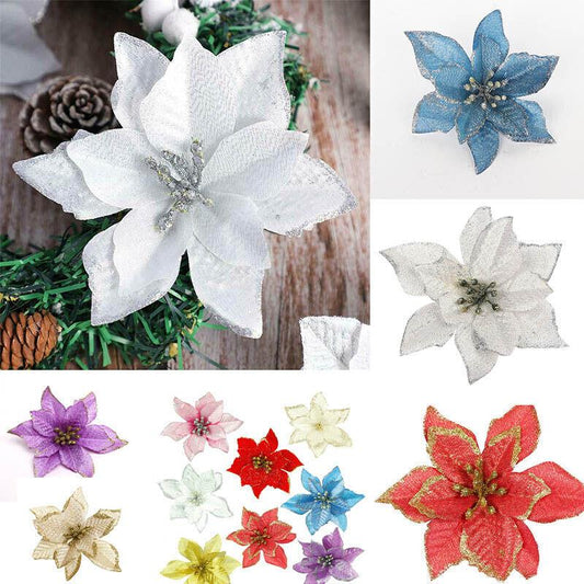 Artificial Flowers Glitter White Christmas Decor Wreath Tree Xmas Gifts Cloth Ornaments