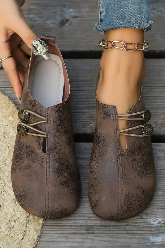 Coffee Button Detail Vintage Faux Leather Loafer Shoes