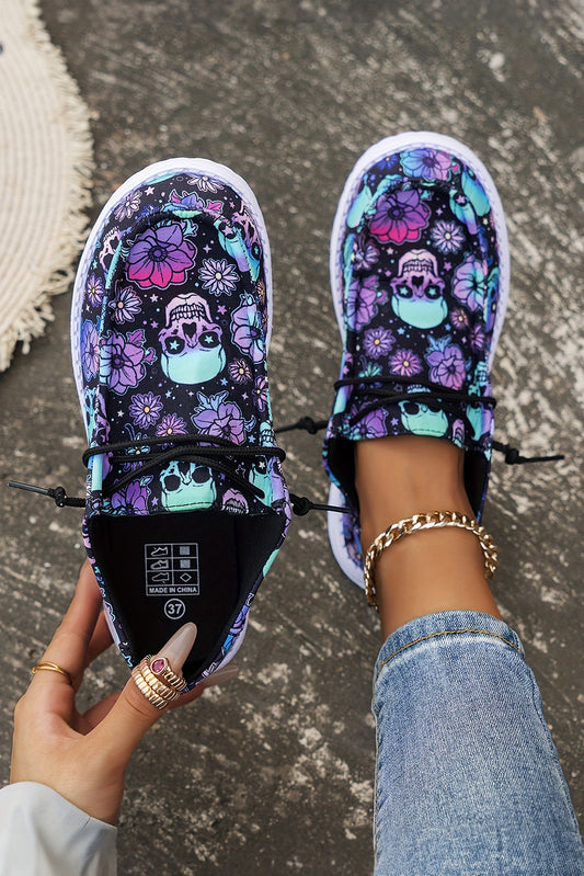 Dark Blue Halloween Skull Print Lace Up Casual Shoes