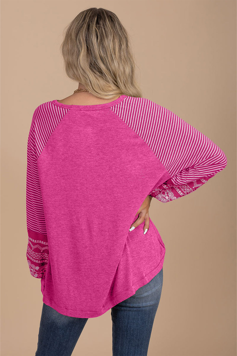 Tillandsia Purple Contrast Print Striped Raglan Long Sleeve Loose Top