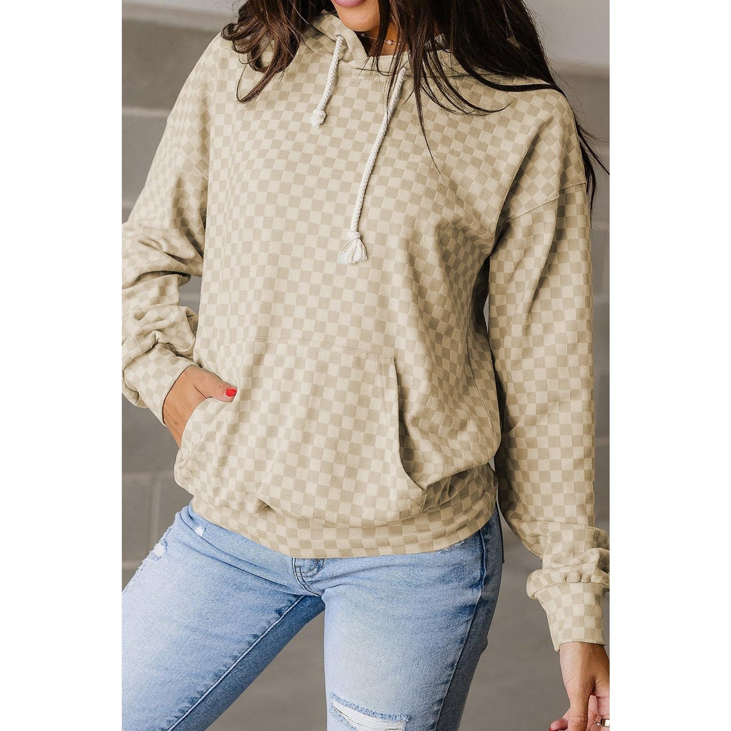 Khaki Checkered Print Kangaroo Pocket Drawstring Hoodie Womenswear Sweatshirts