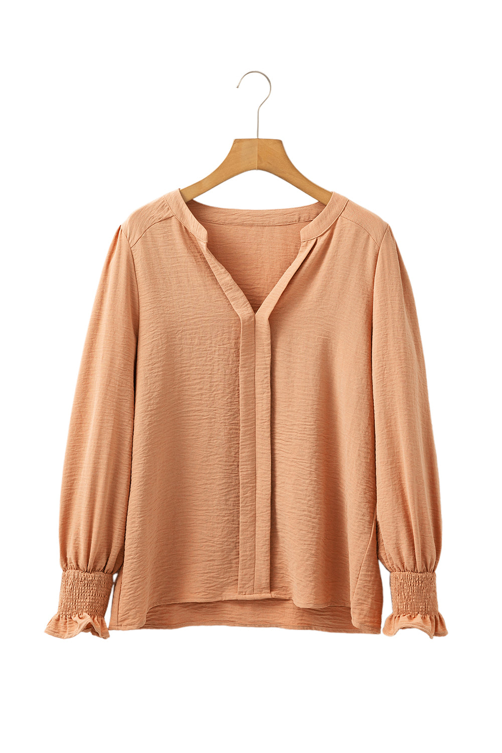 Straw Yellow Solid Shirred Cuff Notch V Neck Blouse