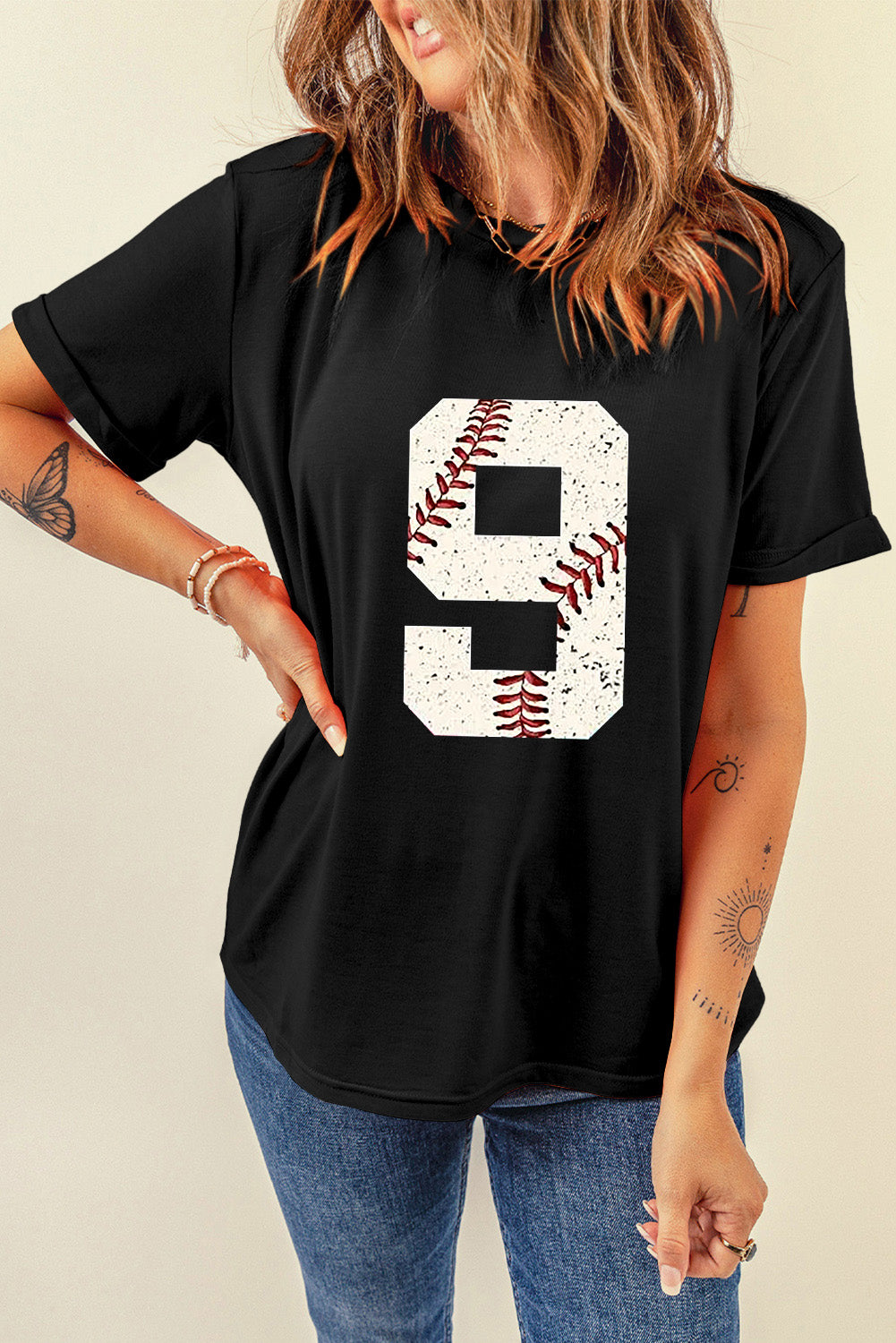 Black Game Day Number 9 Baseball Pattern Heat Transfer Printing Oversize Tee
