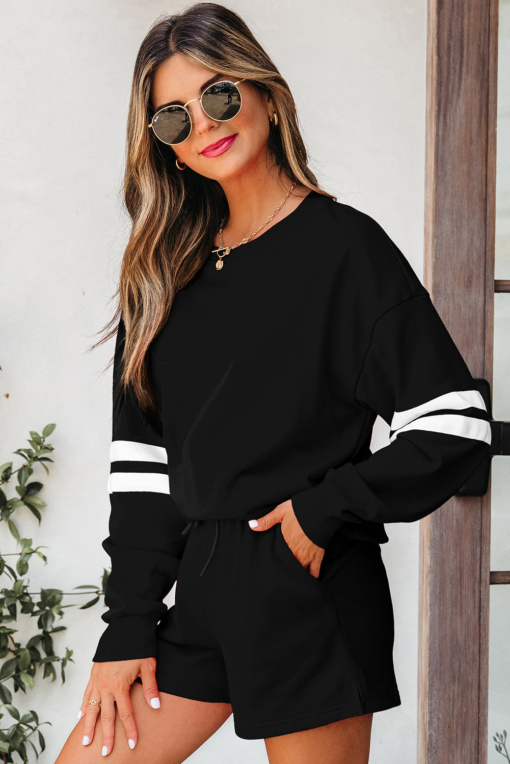 Navy Blue Varsity Striped Sleeve Drop Shoulder Sweatshirt and Short Set