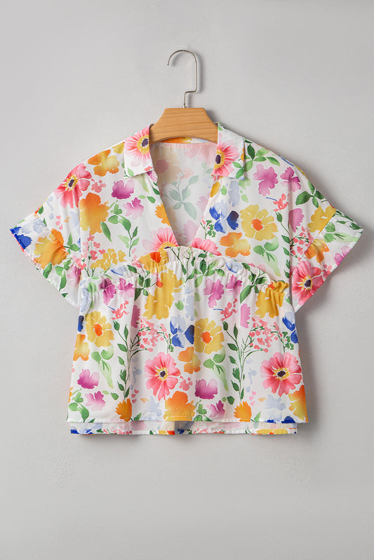 Yellow Floral Boxy Fit Ruffled Short Sleeve V Neck Blouse