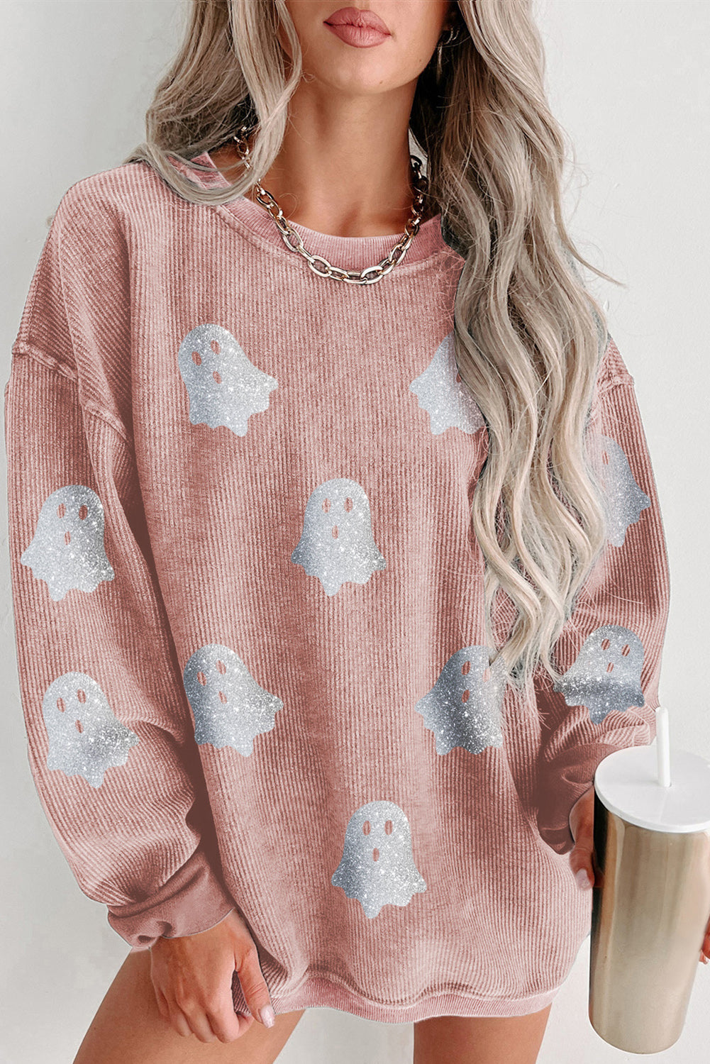 Blue Halloween Ghost Corded Crew Neck Loose Sweatshirt