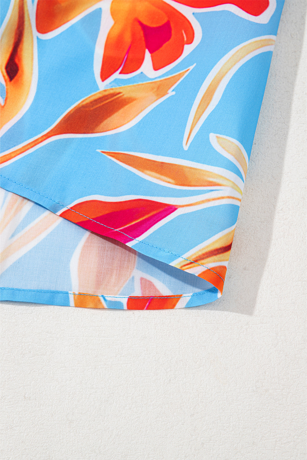 Sky Blue Floral Print V Neck Pompom Trim Flutter Sleeve Blouse