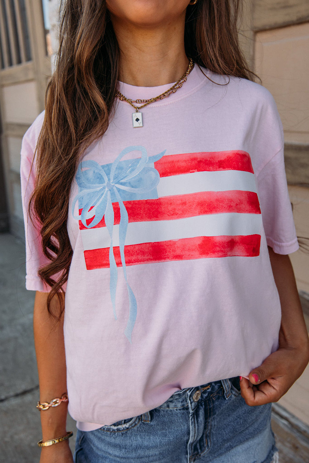 Light Pink Flag Bow Graphic Crewneck Tee
