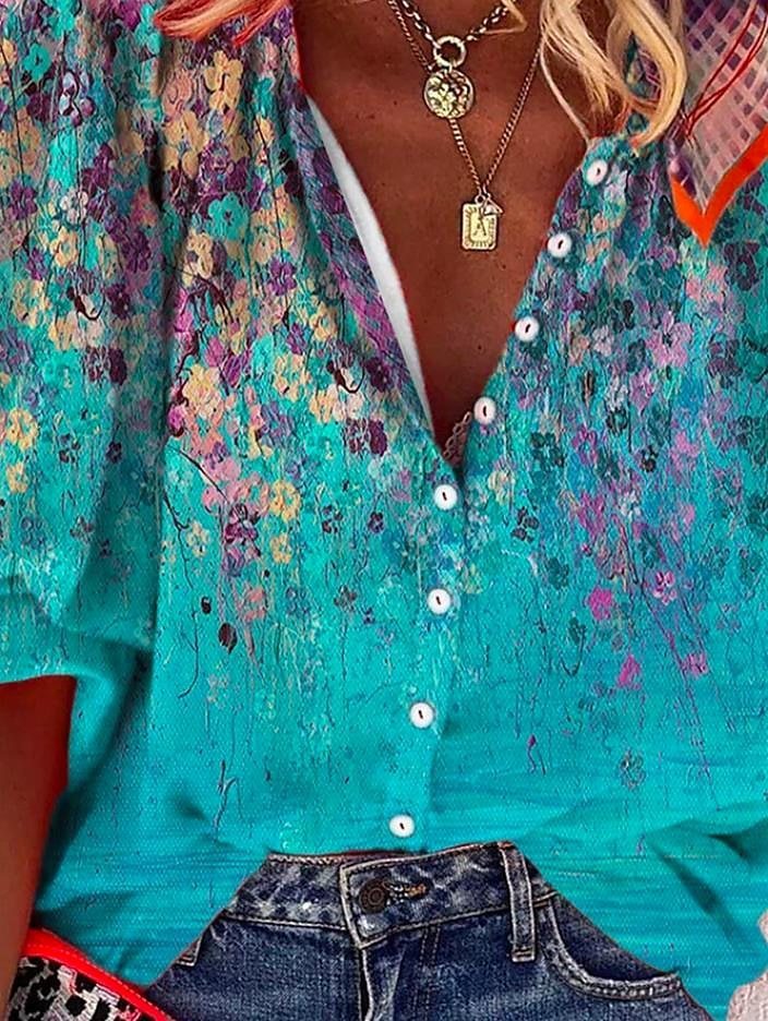 Popular Fashion Summer Women's Stand Up Collar Loose Button Retro Printed Casual Shirt