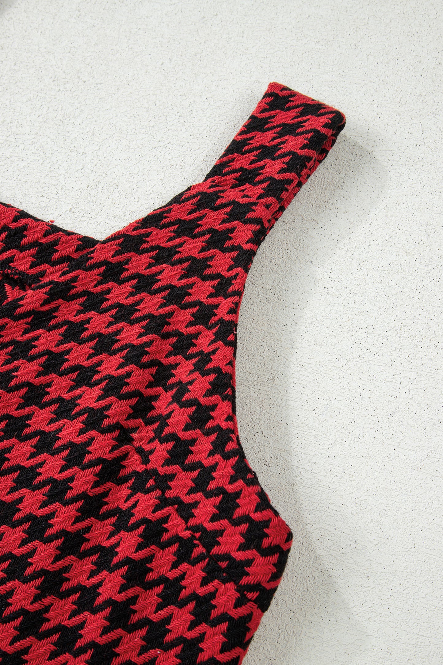 Khaki Houndstooth Print V Neck Sleeveless Mini Dress