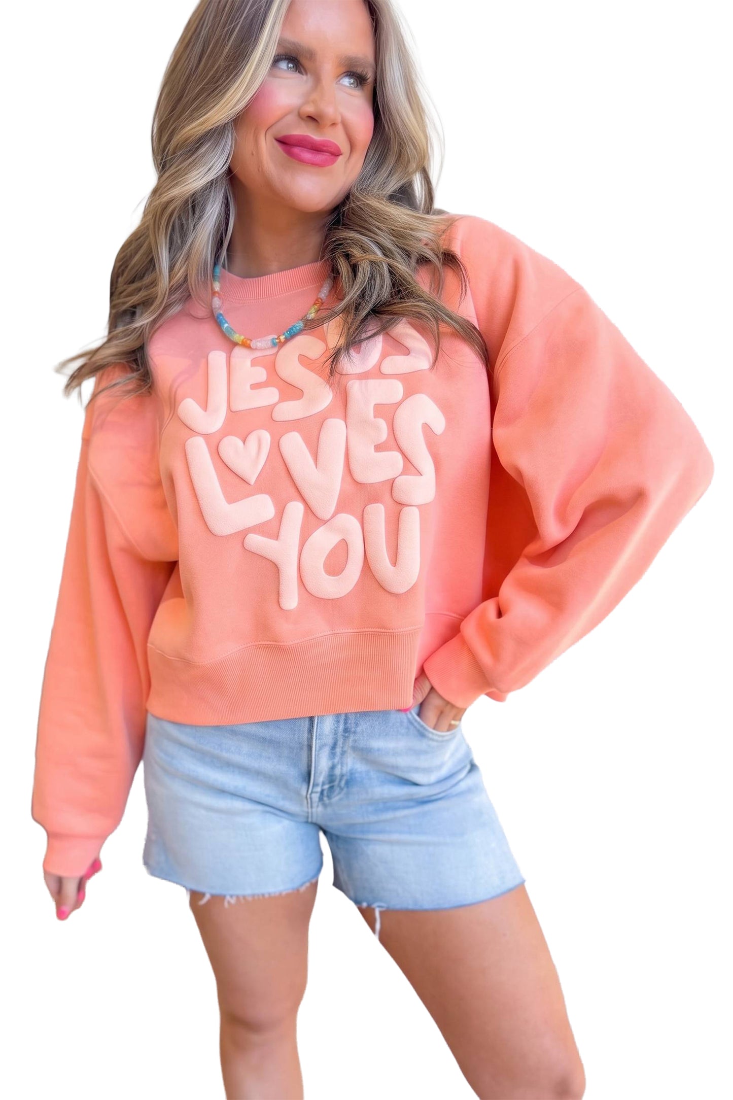 Grapefruit Orange JESUS LOVES YOU Puffy Letter Graphic Sweatshirt