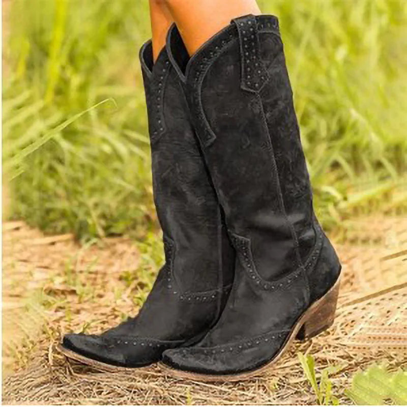 Sh10296a Vintage Pointed Toe Western Cowboy Boots Women Low Heel Boots Girl