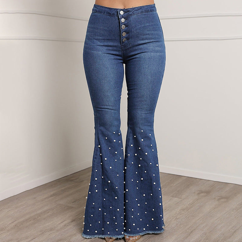 Jeans Pants Skinny Pearl Beaded Black Blue Slim Denim Jeans n B1088