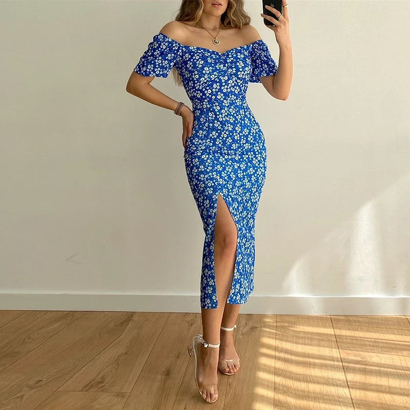Summer Sexy Floral Printed Slash Neck Slim Fit Dress Women Casual Pack Hip Split Temperament Boho Midi Dresses Clothing