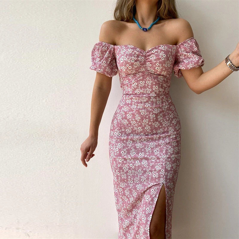 Summer Sexy Floral Printed Slash Neck Slim Fit Dress Women Casual Pack Hip Split Temperament Boho Midi Dresses Clothing