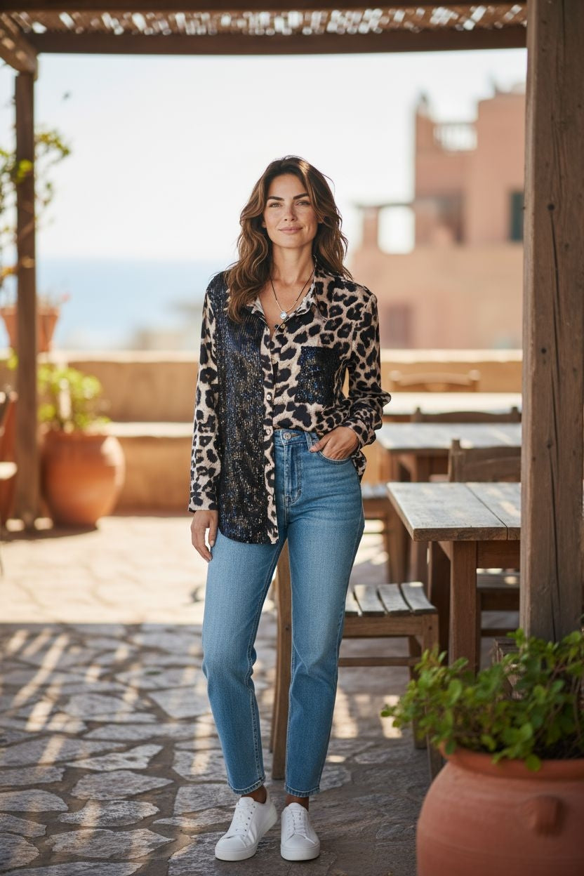 Sequin Leopard Print Button Down Blouse – Glam Wild Long Sleeve Top