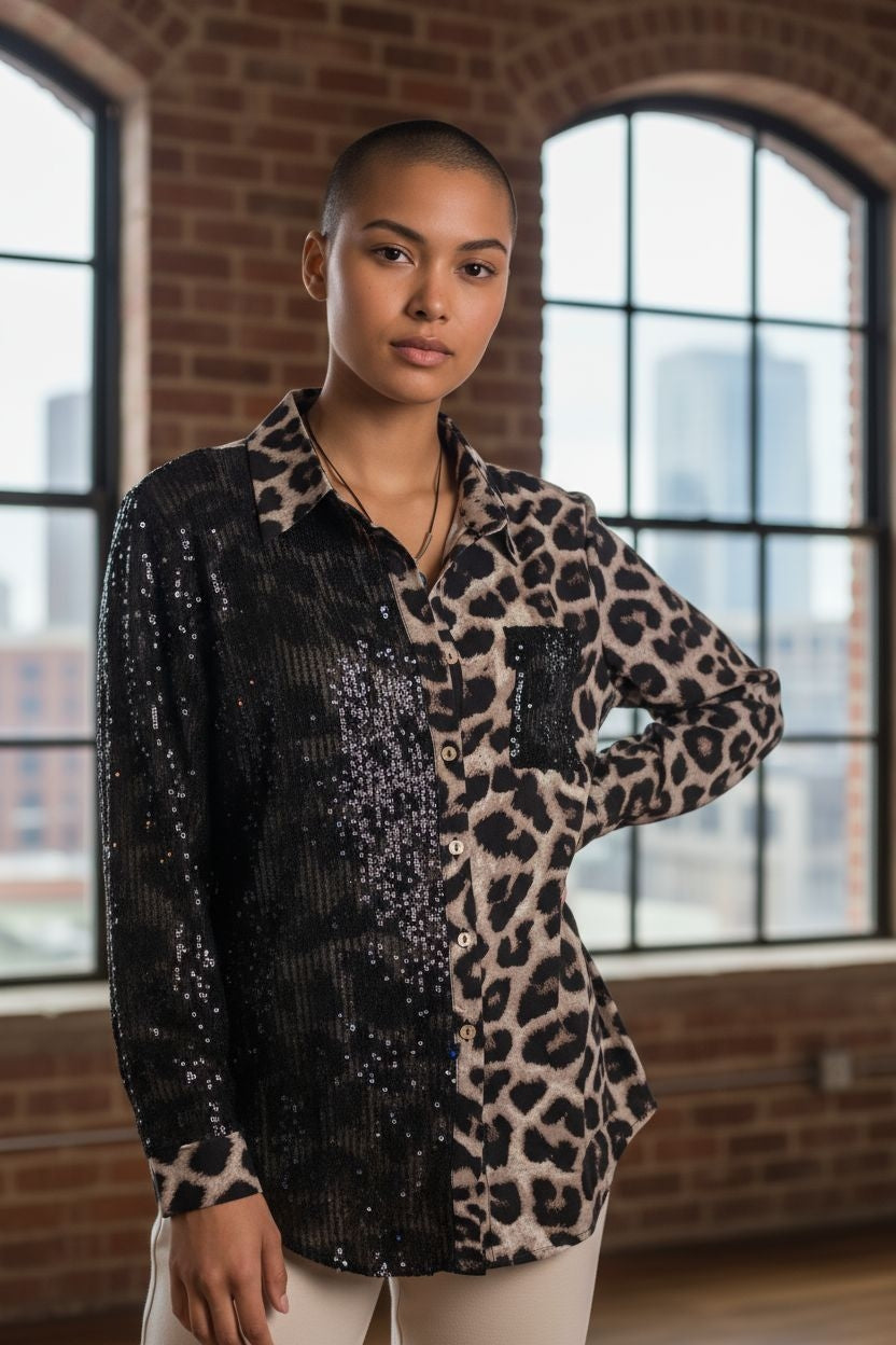 Sequin Leopard Print Button Down Blouse – Glam Wild Long Sleeve Top