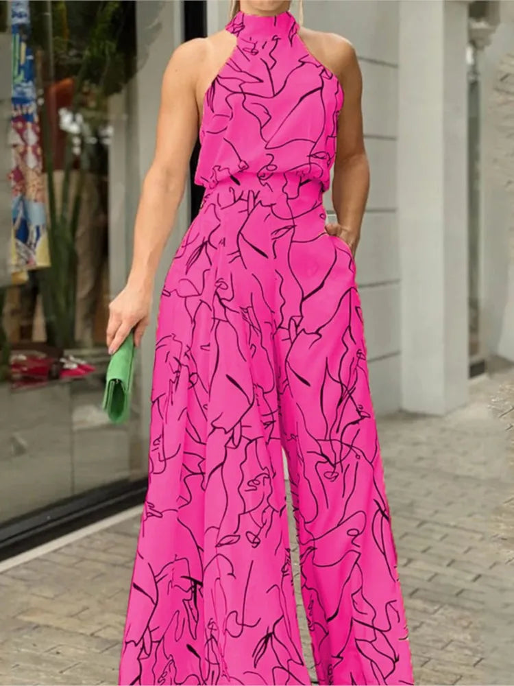 Elegant Printed Halter Neck Leace-Up Jumpsuit Women Sleeveless Fashion High Waist Wide Leg Jumpsuits Casual Streetwear New