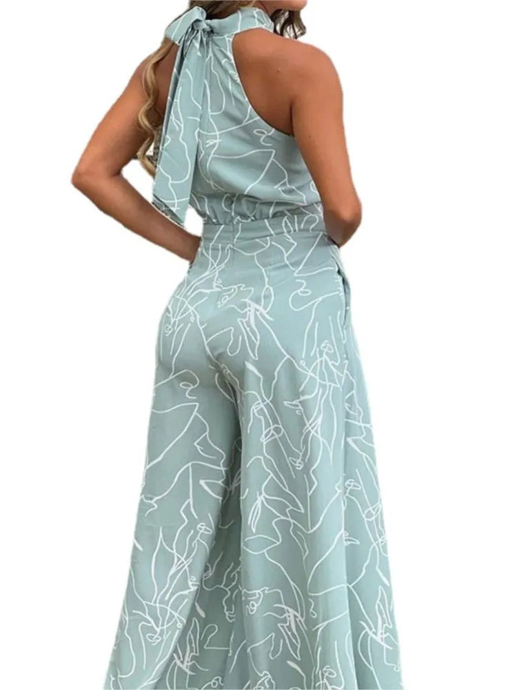 Elegant Printed Halter Neck Leace-Up Jumpsuit Women Sleeveless Fashion High Waist Wide Leg Jumpsuits Casual Streetwear New