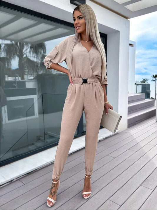 Autumn Jumpsuit Women Solid Color V-Neck Belt Pocket High Waist